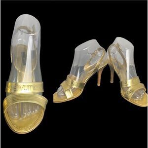 Rare Louis Vuitton Gold Slingback Sandals w/3.5” Stacked Wood Heel Size 38/US 7